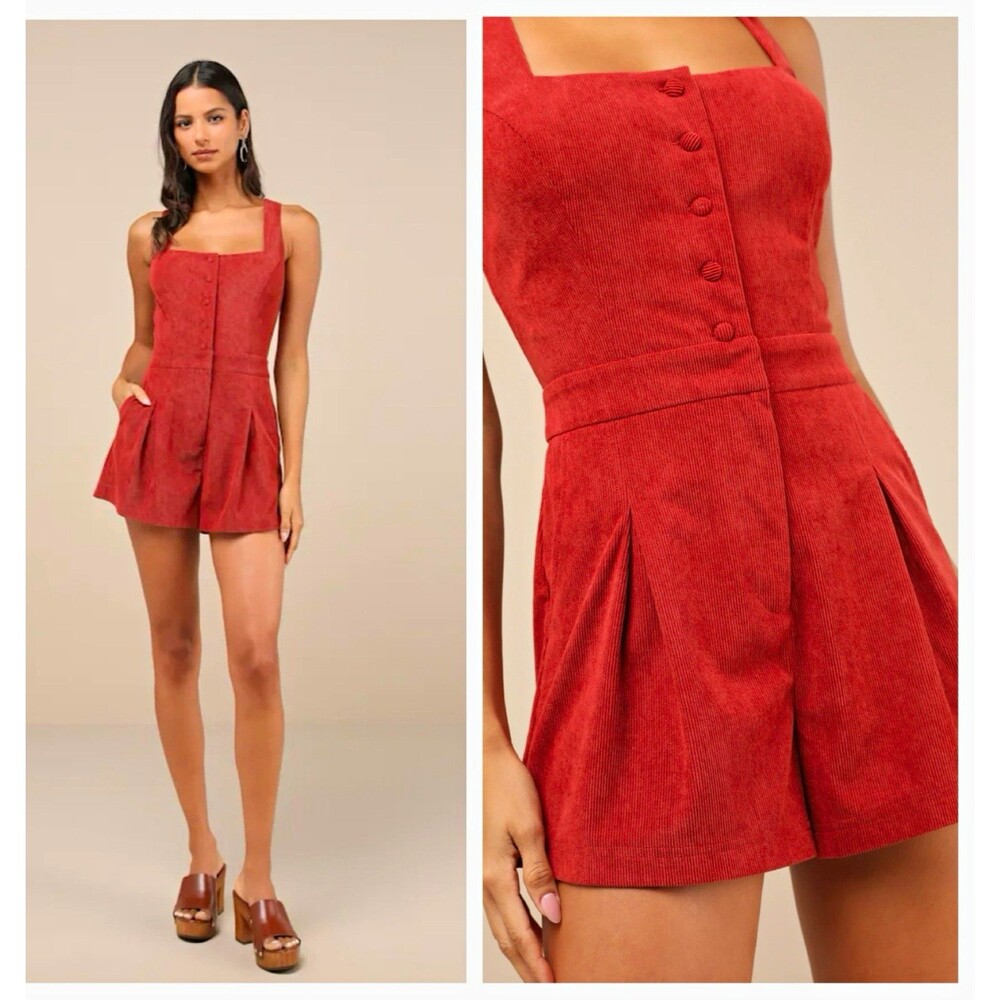 Lulus Rust Corduroy Sleeveless Romper Square Neck Button Front Pockets M
